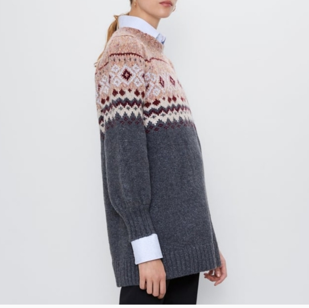 NWOT Rare Zara Fair Isle knit Balloon Sleeve Jacquard Dress small - Picture 3 of 13